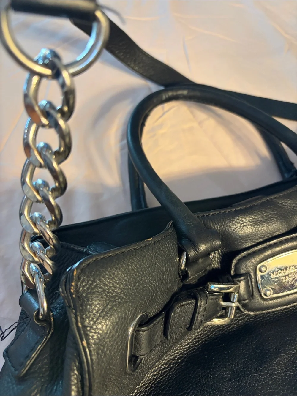 Michael Kors Black Leather Double-Handle Satchel with Silver Hardware